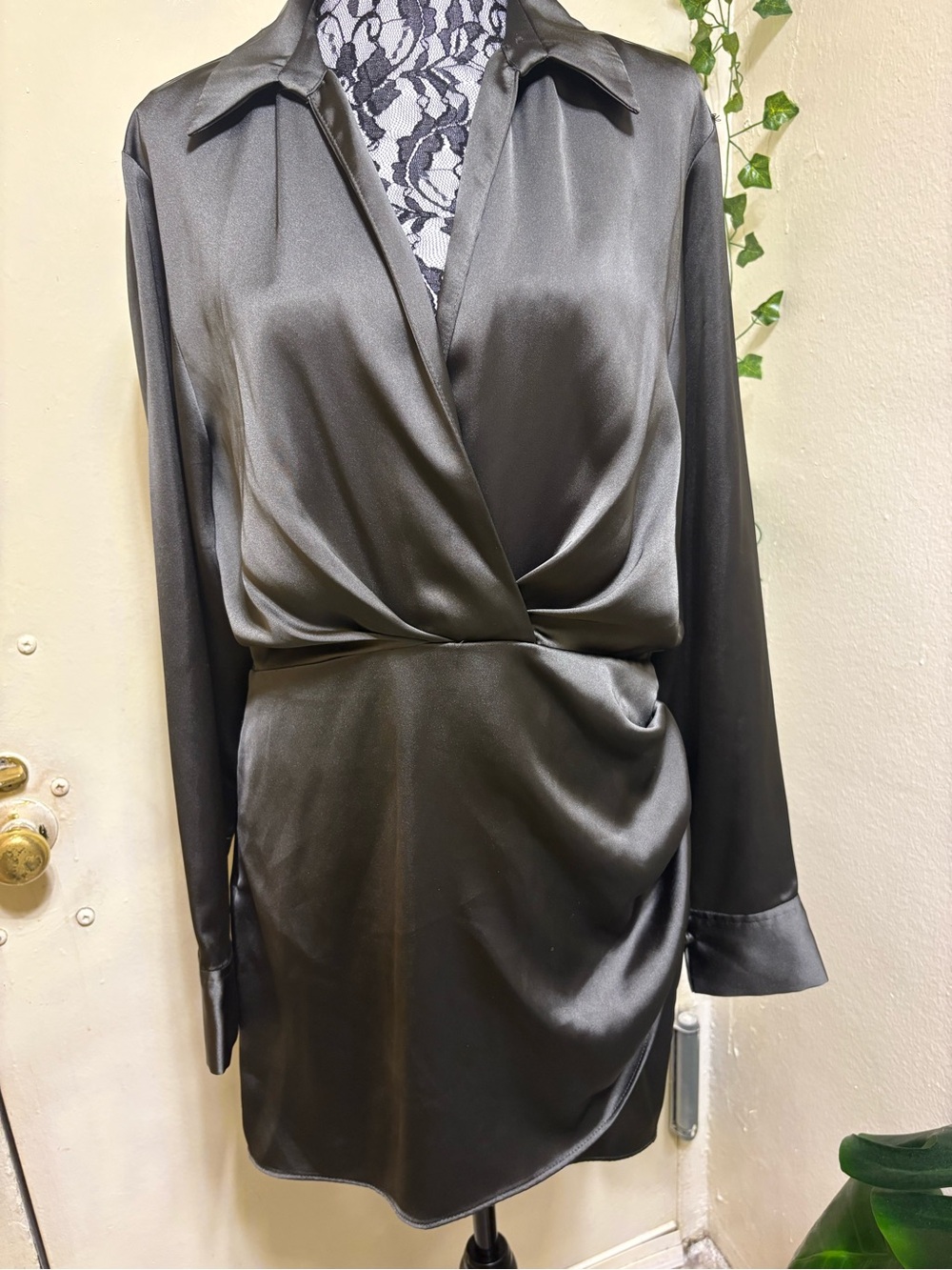 Zara Satin Wrap-Front Long Sleeve Dress - Black olive green